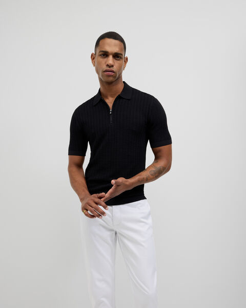 Textured Zip-up Knit Polo, Black, hi-res